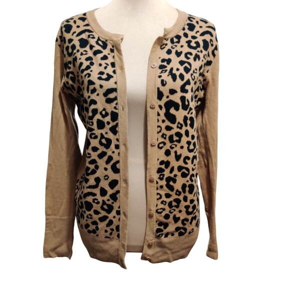 Merona M Cardigan Tan Button Front Leopard Animal Print Sweater Long Sleeve Cute - Picture 3 of 8